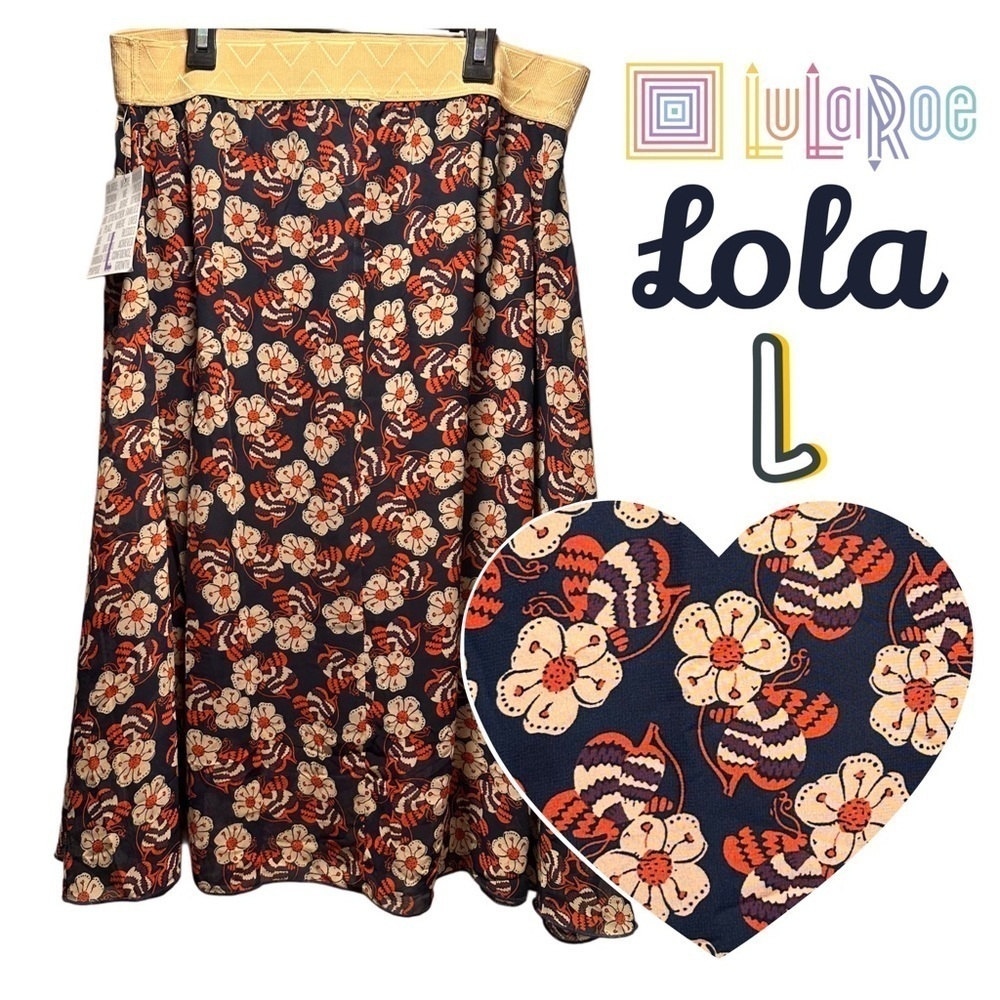 LuLaRoe Lola Lined Chiffon Midi Skirt Elastic Band Floral Pattern Large 12-14 - Picture 3 of 15